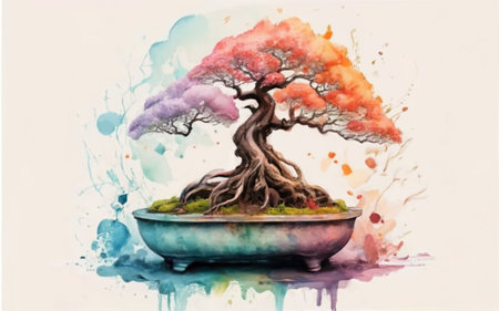 Bonsai tree in a pot with watercolor splashes.のイラスト素材