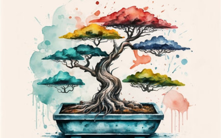 Bonsai tree in a pot. Watercolor painting illustration.のイラスト素材