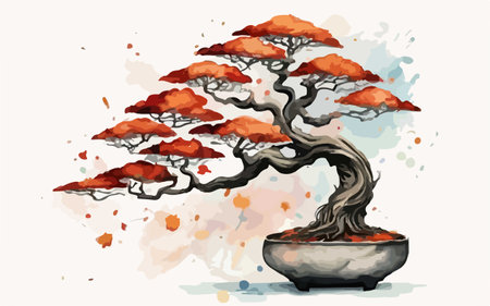 Bonsai tree in pot on watercolor background. Vector illustration.のイラスト素材