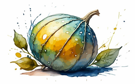 Watercolor watercolor pumpkin with leaves and splashes. Vector illustration.のイラスト素材