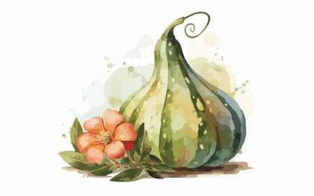 Pumpkin with flower and watercolor splashes. Vector illustration.のイラスト素材