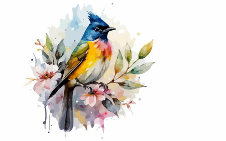 Watercolor bird on branch with flowers. Hand drawn vector illustration.のイラスト素材