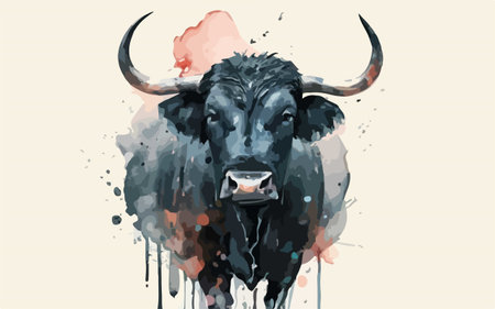 Watercolor portrait of a black bull with horns. Vector illustration.のイラスト素材