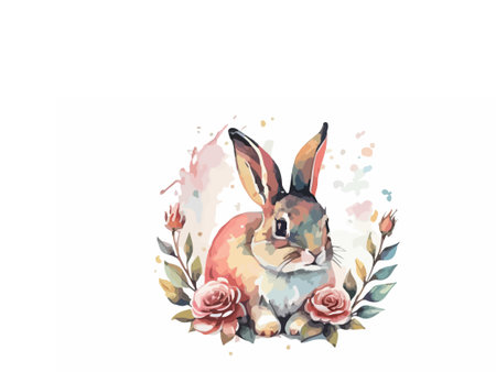 Watercolor easter bunny with flowers and leaves. Vector illustration.のイラスト素材