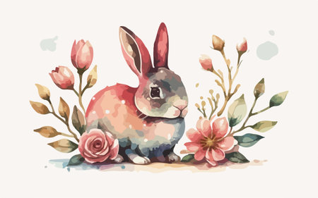 Cute hand drawn watercolor easter bunny with flowers, vector illustrationのイラスト素材