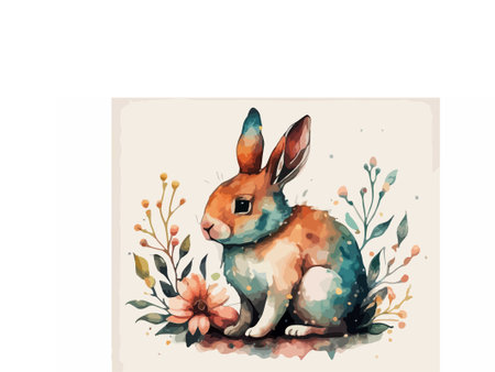Easter greeting card with watercolor rabbit and flowers. Vector illustration.のイラスト素材