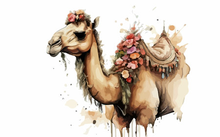 Camel with flowers. Hand drawn watercolor illustration isolated on white backgroundのイラスト素材