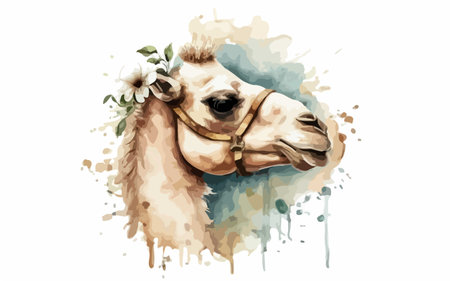 Camel head with flowers. Hand drawn watercolor illustration on white backgroundのイラスト素材