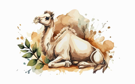 Camel with leaves. Watercolor hand drawn illustration isolated on white backgroundのイラスト素材
