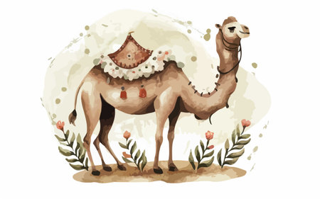 Camel in the desert. Hand drawn watercolor vector illustration.のイラスト素材
