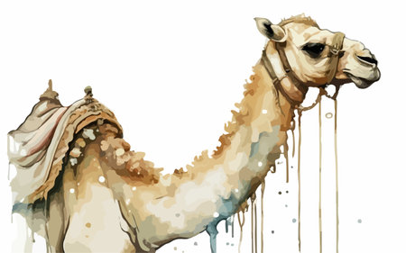 Camel in the desert. Hand drawn watercolor illustration on white backgroundのイラスト素材