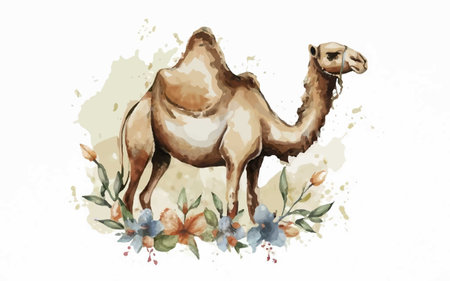 Camel with flowers in watercolor style. Hand drawn illustration.のイラスト素材