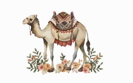 Camel with flowers. Watercolor illustration isolated on white background.のイラスト素材