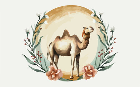 Camel with flowers and leaves on the background of the moon.のイラスト素材