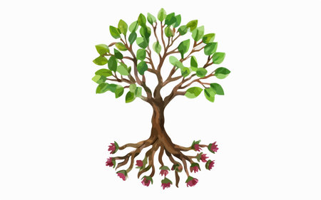 Illustration of a tree with leaves and flowers on a white background