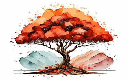 Autumn tree. Watercolor hand drawn illustration isolated on white backgroundのイラスト素材