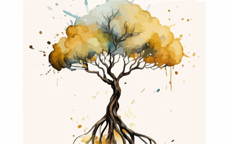 Hand drawn watercolor tree with splashes. Vector illustration on white background.のイラスト素材