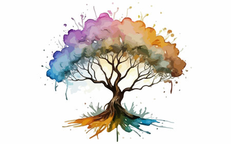 Abstract tree with colorful watercolor splashes. Vector Illustration.のイラスト素材