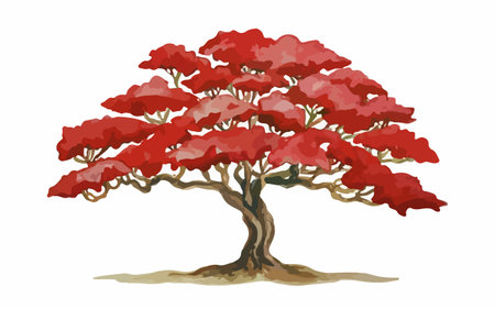Illustration of a tree with red leaves on a white background.のイラスト素材