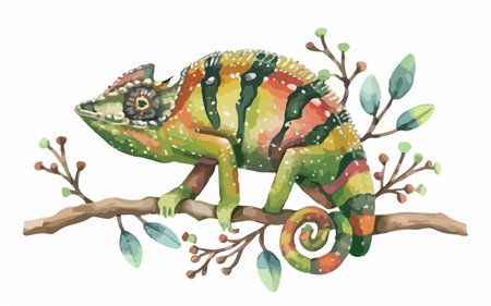 Watercolor chameleon on a branch with leaves. Vector illustration.のイラスト素材
