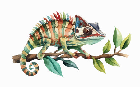 Watercolor chameleon on a branch. Hand drawn illustration.のイラスト素材