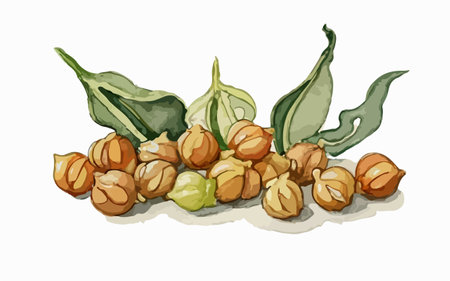 Illustration of a bunch of chickpeas with green leaves.のイラスト素材