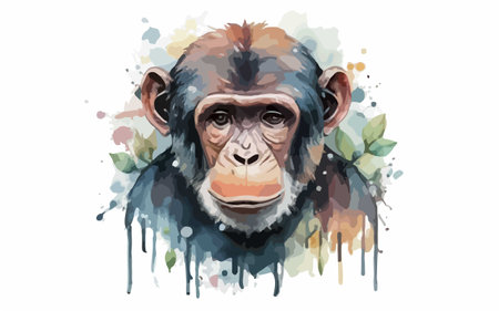 Chimpanzee portrait with watercolor splashes. Vector illustrationのイラスト素材
