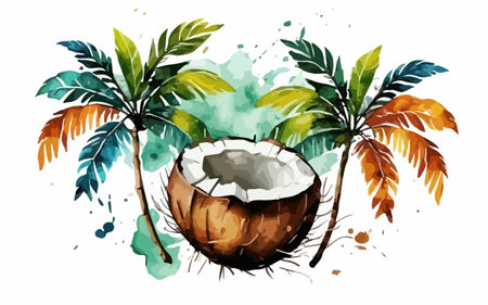 Coconut with watercolor splashes, hand drawn vector illustrationのイラスト素材