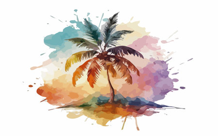 Palm tree on a background of watercolor splashes. Vector illustration.のイラスト素材