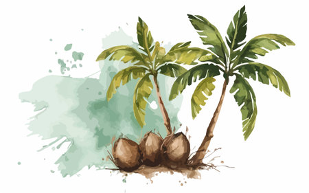 Coconut tree with coconuts on a watercolor backgroundのイラスト素材