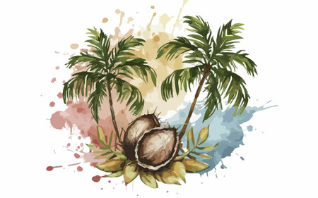 Palm tree with coconuts on watercolor splashes backgroundのイラスト素材