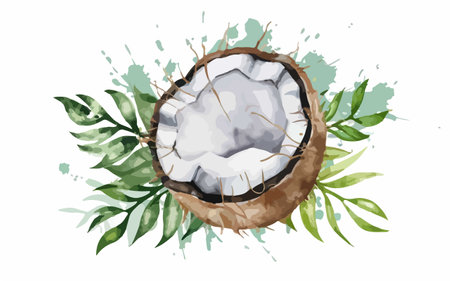 Coconut with watercolor splashes and leaves. Vector illustration.のイラスト素材