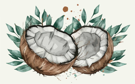 Coconut with leaves. Vector illustration. Hand drawn style.のイラスト素材
