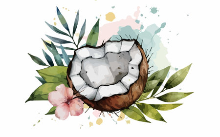 Coconut watercolor vector illustration. Hand drawn coconut with leaves and flowersのイラスト素材