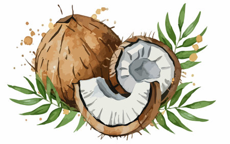 Whole and half of coconuts with leaves. Vector illustration.のイラスト素材