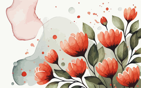 Watercolor floral background with red flowers. Hand drawn vector illustration.のイラスト素材