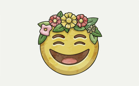 Smiling face with flower wreath on it. Vector illustration.のイラスト素材