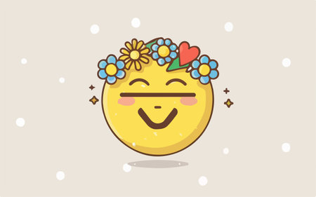 Illustration of cute smiling sun with flower wreath on his headのイラスト素材