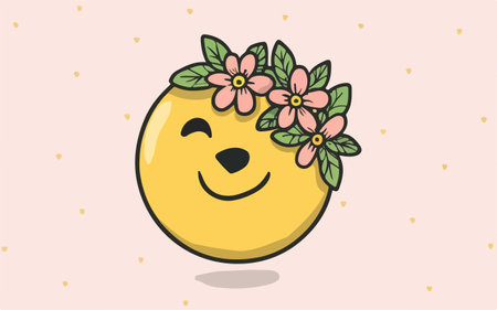 Cute Smiling Yellow Egg with Flowers. Vector Illustration.のイラスト素材