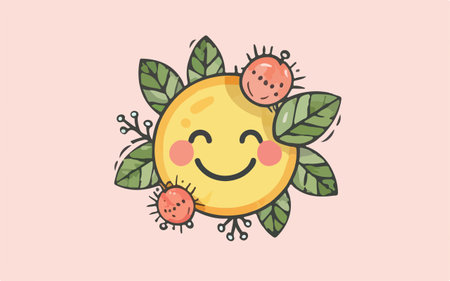 Cute cartoon smiling moon with fruits and leaves. Vector illustration.のイラスト素材