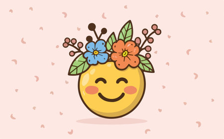Cute apple with flower wreath on its head. Vector illustration.のイラスト素材