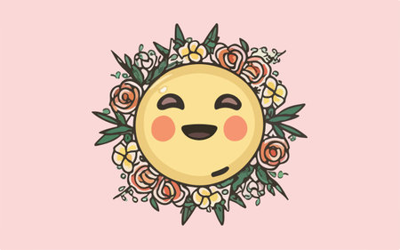 Vector illustration of a cute smiling sun with flowers in a circle.のイラスト素材