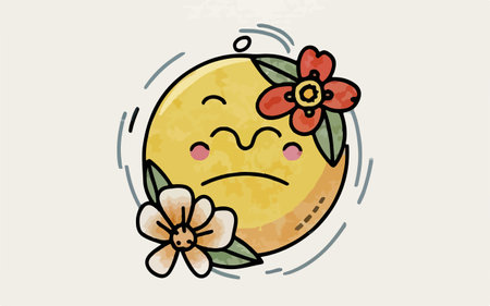 Vector cartoon illustration of sad sun with flower. Isolated on white background.のイラスト素材