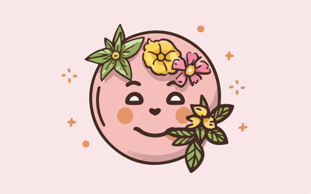 Cute kawaii pink moon with flowers. Vector illustration.のイラスト素材