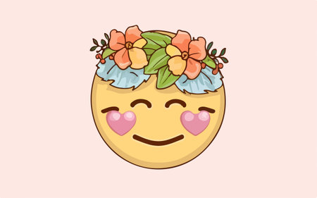 Cute happy smiling face with flower wreath on head. Vector illustration.のイラスト素材