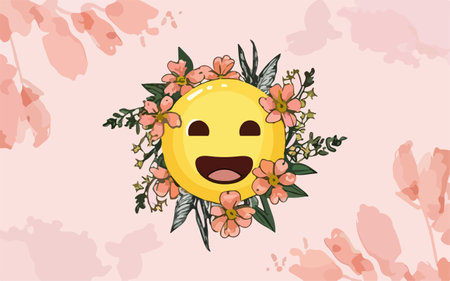 Illustration of a cute yellow emoticon with flowers and leaves.のイラスト素材