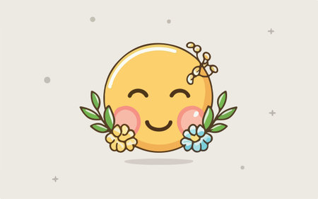 Emoji with flowers. Cute cartoon character. Vector illustration.のイラスト素材