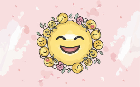 Vector illustration of a smiling sun with flowers on a pink background.のイラスト素材