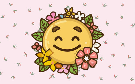 Cute Smiling Cartoon Sun with Flowers. Vector Illustration.のイラスト素材