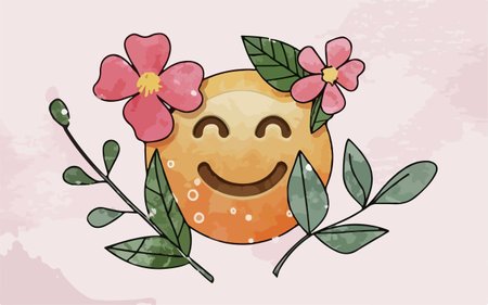 Cute hand drawn vector illustration of a smiling donut with flowersのイラスト素材